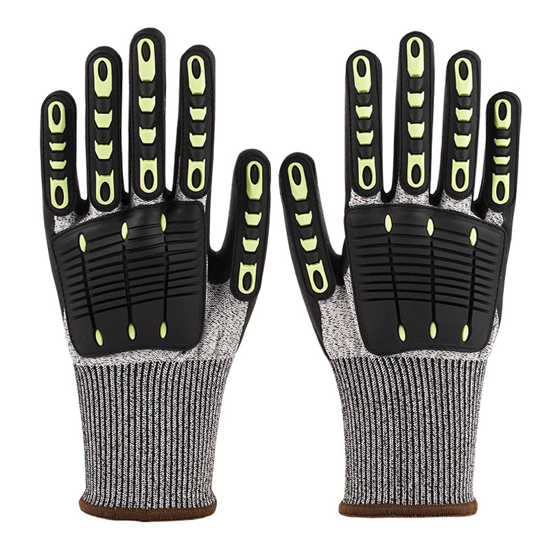 13-needle hemp gray Anti-impact gloves A5 + nitrile sandy smooth tape + External Sewn Palm Cotton